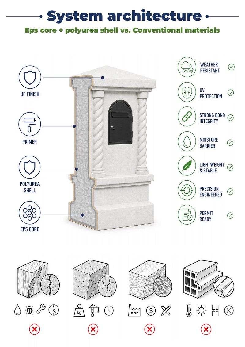 Buzones de estuco y postes de luz
